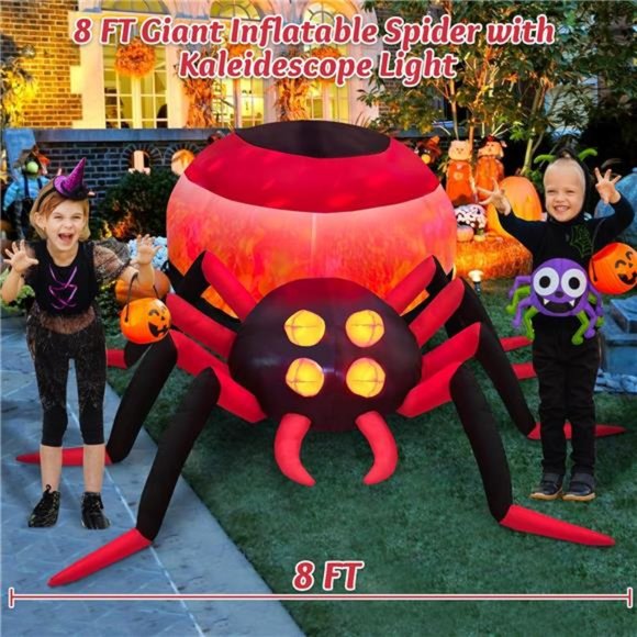 12FT Halloween Inflatable Spider Yard Decoration – With LED Rotating Light, Stakes & Ropes